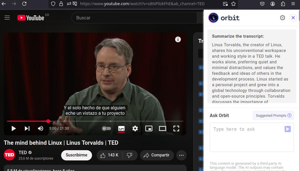 Resumir páginas y videos de YouTube con Orbit